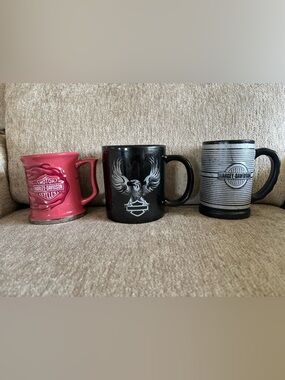 Set of 3 Vintage Harley-Davidson Collectible Mugs - Flames, Eagle, Striped